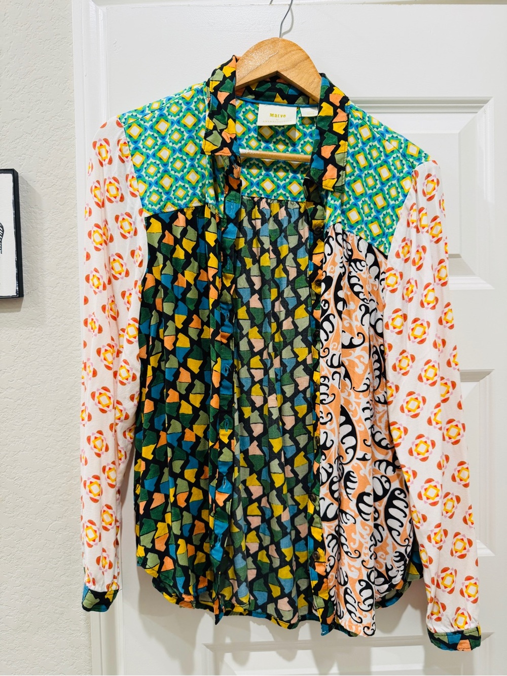 Maeve Multi-Print Blouse in Green, Black, Yellow, Orange